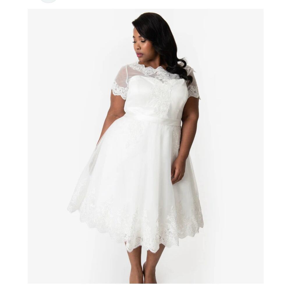 Unique Vintage 1950's White Lace Short Sleeve Fit Flare Wedding Dress 3X READ